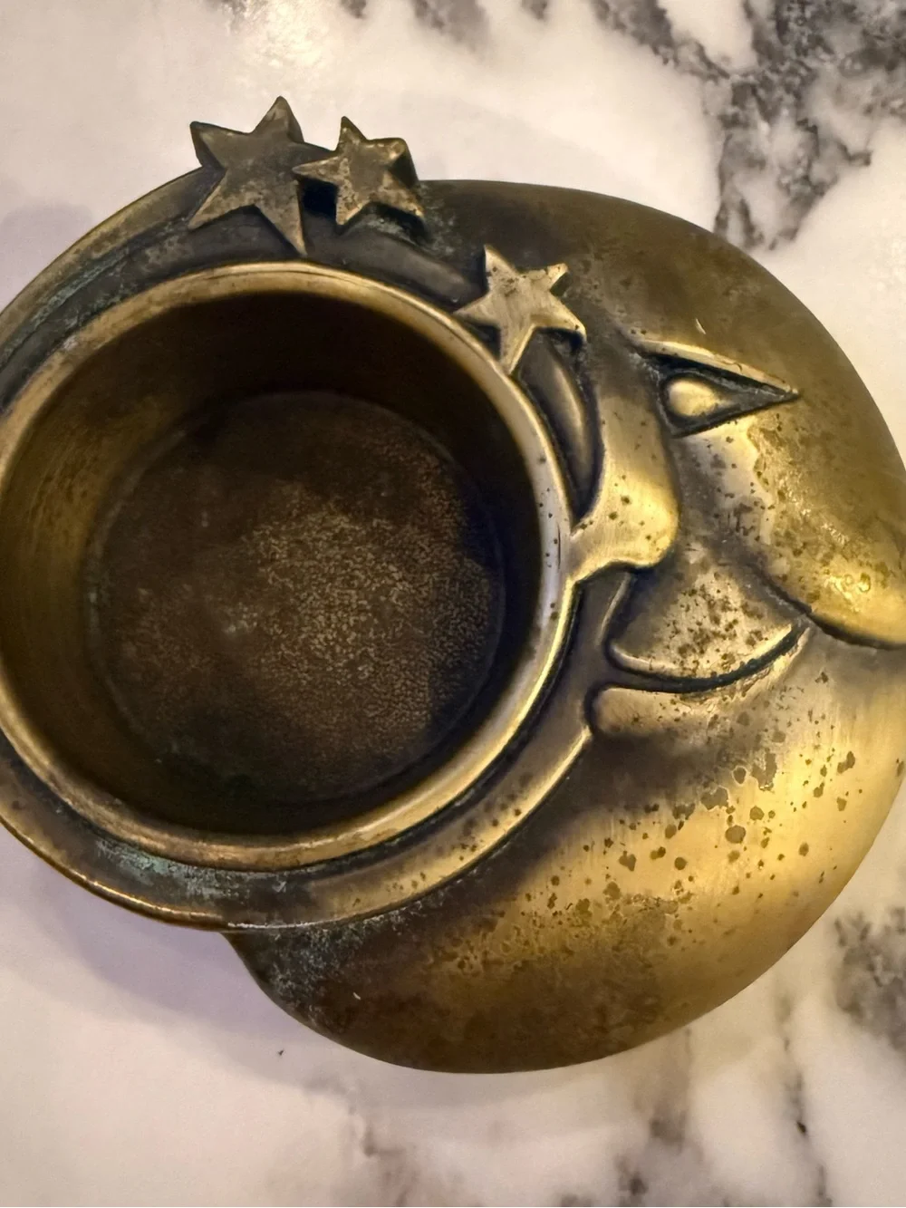 Vintage Brass Celestial Crescent Moon & Stars Tealight Candle Holder Catchall